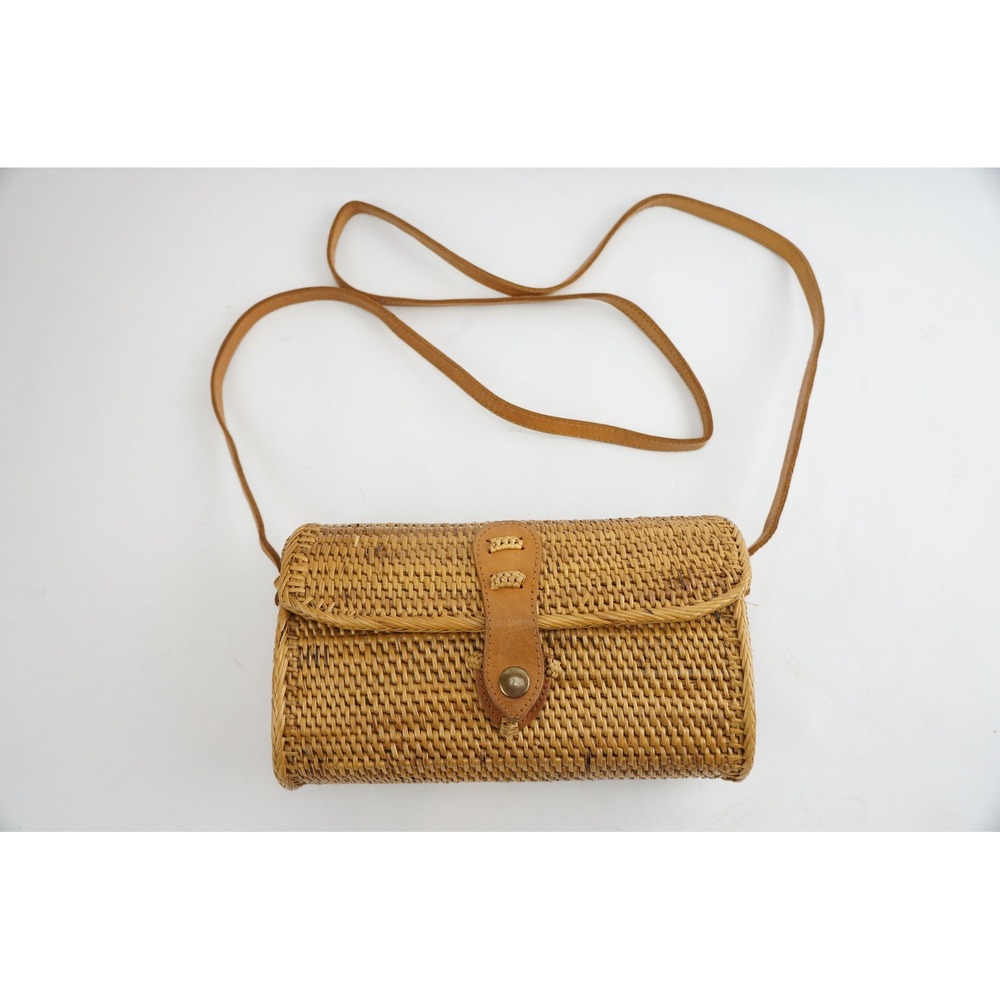 Amerii Rattan Aria Crossbody Bag Small Tan Woven Leather Trim Excellent